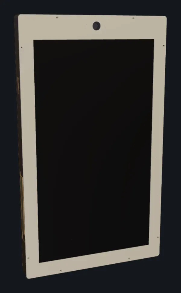 Render of the portrait street screen: a slim cream frame around a black display, with a small camera opening at the top.