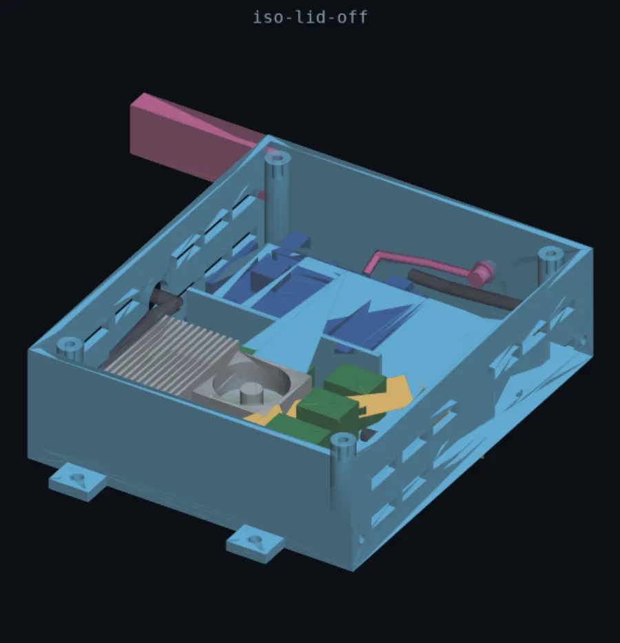 CAD render of the enclosure with the lid off, showing the Raspberry Pi, cooler and cable routing.
