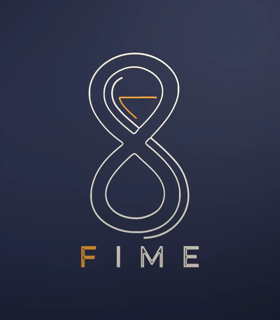 Fime logo: an hourglass drawn as a continuous line forming an 8, on navy.