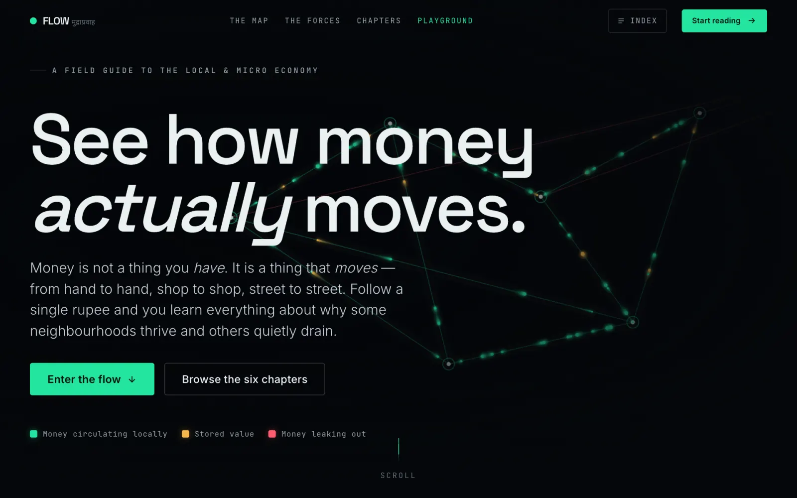 FLOW homepage: ‘See how money actually moves’ in white on a dark background with a faint network of glowing nodes.