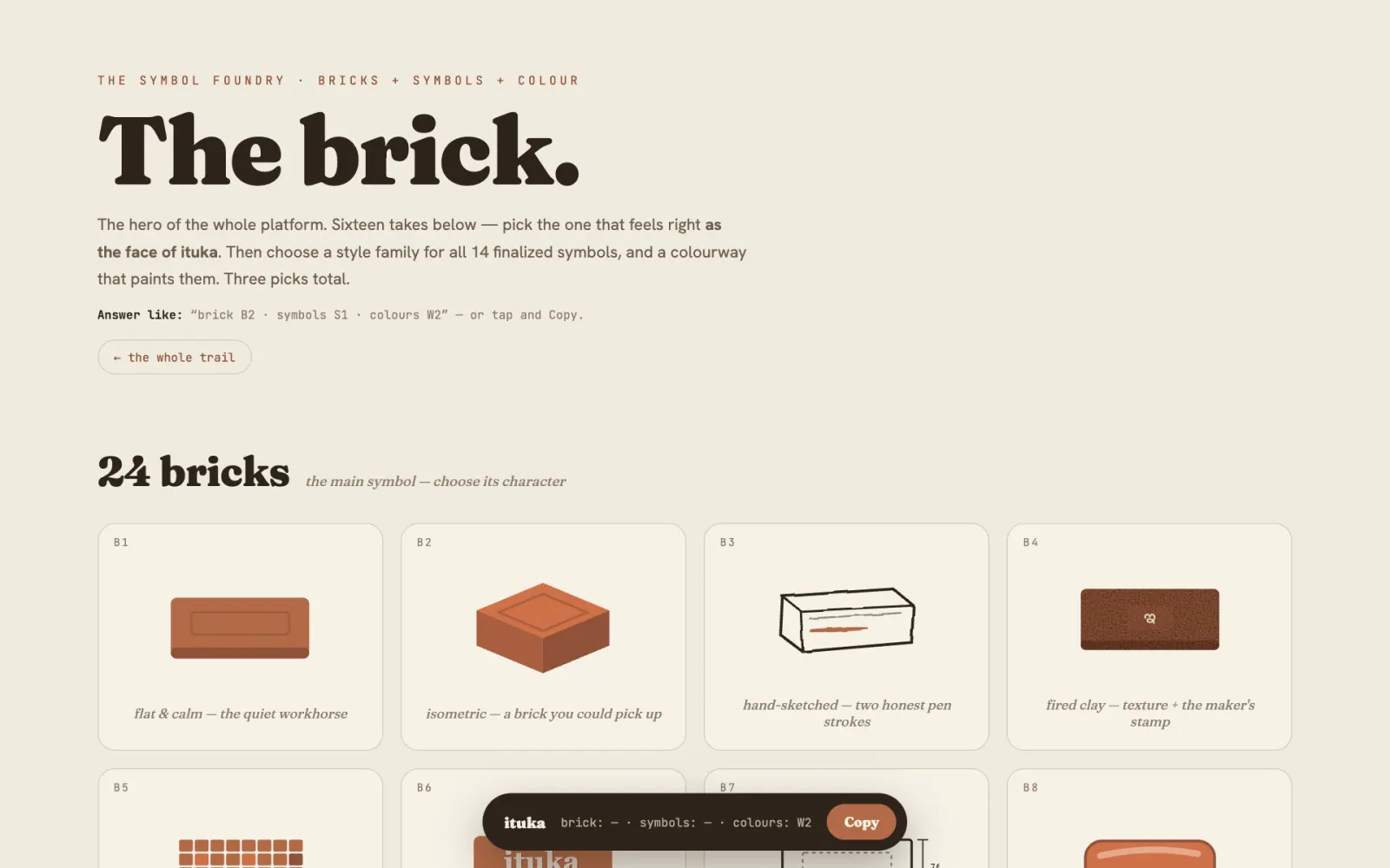 ITUKA symbol foundry page titled ‘The brick.’, showing a grid of brick symbol variations in terracotta.