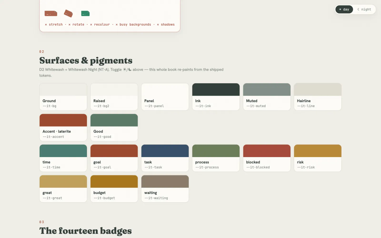 ITUKA brand book page ‘Surfaces and pigments’: colour swatches for ground, ink, accent and one colour per status.