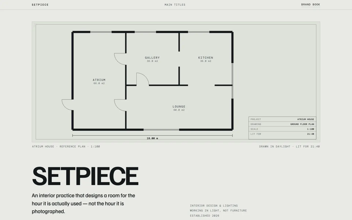 SETPIECE homepage: an architectural floor plan with rooms labelled Atrium, Gallery, Kitchen and Lounge, above the wordmark SETPIECE.